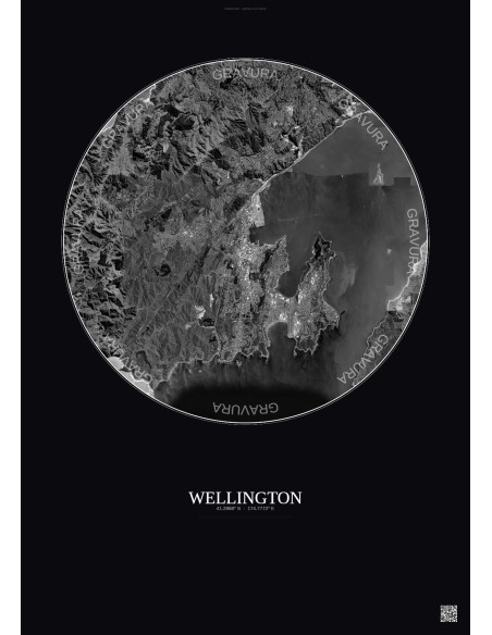 Affiche Wellington – Poster vue satellite 10km N&B | Gravura – Fond foncé