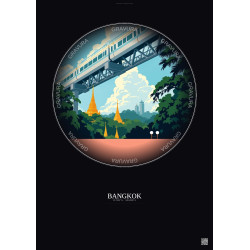 Affiche Bangkok – Poster illustration vintage – Bts Skytrain | Gravura – Fond foncé