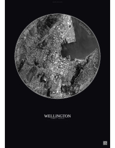 Affiche Wellington – Poster vue satellite 2.5km N&B | Gravura – Fond foncé