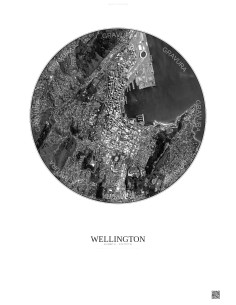 Affiche Wellington – Poster vue satellite 2.5km N&B | Gravura – Fond clair