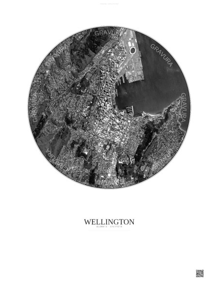 Affiche Wellington – Poster vue satellite 2.5km N&B | Gravura – Fond clair