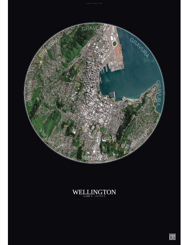 Affiche Wellington – Poster vue satellite 2.5km Couleur | Gravura – Fond foncé