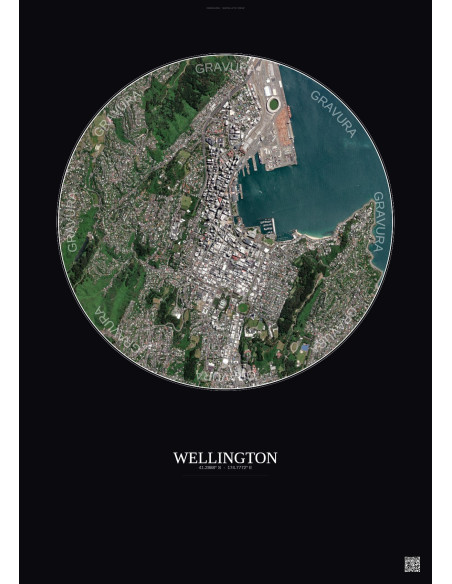 Affiche Wellington – Poster vue satellite 2.5km Couleur | Gravura – Fond foncé