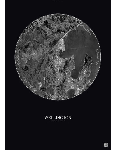 Affiche Wellington – Poster vue satellite 6km N&B | Gravura – Fond foncé