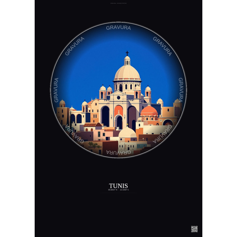 Affiche Tunis – Poster illustration vintage – Cathedral Of St Vincent De Paul | Gravura – Fond foncé