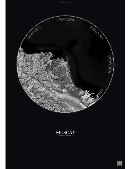 Muscat Satellite View Poster 10km B&W | Gravura – Dark background