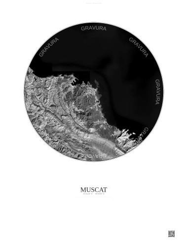 Affiche Muscat – Poster vue satellite 10km N&B | Gravura – Fond clair