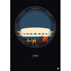 Affiche Tunis – Poster illustration vintage – Stade El Menzah | Gravura – Fond foncé