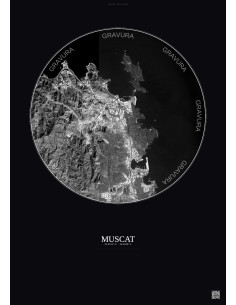 Affiche Muscat – Poster vue satellite 2.5km N&B | Gravura – Fond foncé
