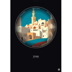 Affiche Tunis – Poster illustration vintage – Tunis | Gravura – Fond foncé