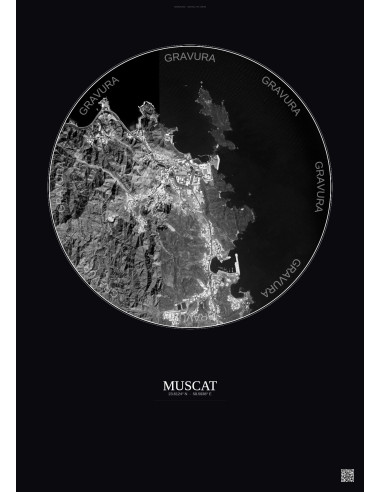 Muscat Satellite View Poster 2.5km B&W | Gravura – Dark background