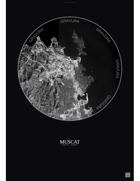 Muscat Satellite View Poster 2.5km B&W | Gravura – Dark background