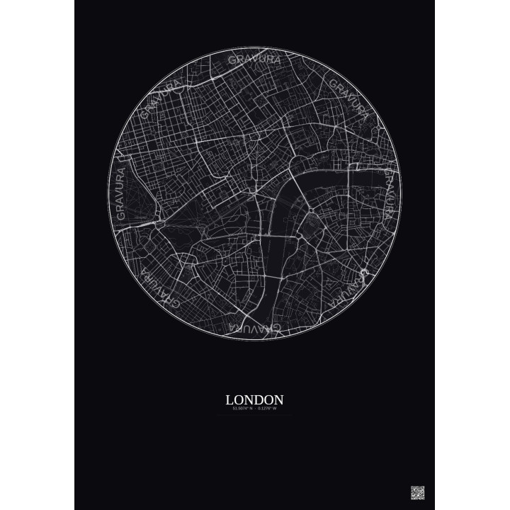 Affiche London – Poster carte de ville 2.5km | Gravura – Fond foncé