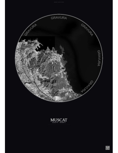 Muscat Satellite View Poster 6km B&W | Gravura – Dark background