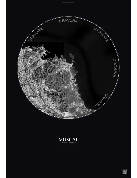 Muscat Satellite View Poster 6km B&W | Gravura – Dark background