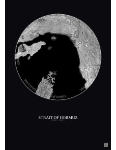 Affiche Strait Of Hormuz – Poster vue satellite 100km N&B | Gravura – Fond foncé