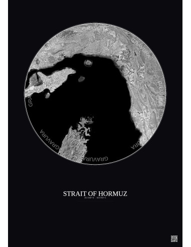Affiche Strait Of Hormuz – Poster vue satellite 100km N&B | Gravura – Fond foncé