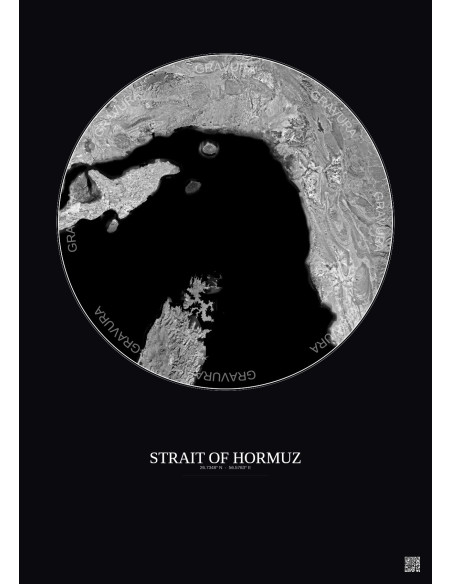 Affiche Strait Of Hormuz – Poster vue satellite 100km N&B | Gravura – Fond foncé