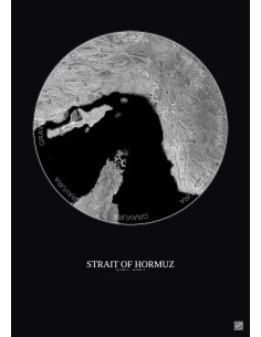 Affiche Strait Of Hormuz – Poster vue satellite 150km N&B | Gravura – Fond foncé