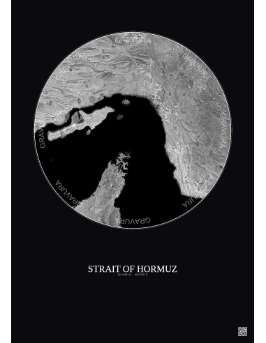 Affiche Strait Of Hormuz – Poster vue satellite 150km N&B | Gravura – Fond foncé