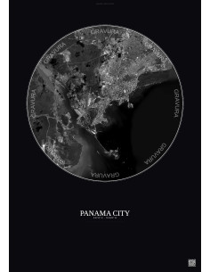 Affiche Panama City – Poster vue satellite 10km N&B | Gravura – Fond foncé