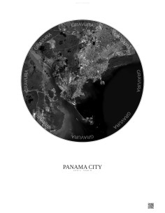 Affiche Panama City – Poster vue satellite 10km N&B | Gravura – Fond clair