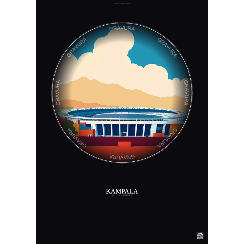 Affiche Kampala – Poster illustration vintage – Mandela National Stadium | Gravura – Fond foncé