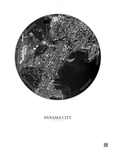 Affiche Panama City – Poster vue satellite 2.5km N&B | Gravura – Fond clair