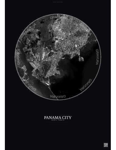 Panama City Satellite View Poster 6km B&W | Gravura – Dark background