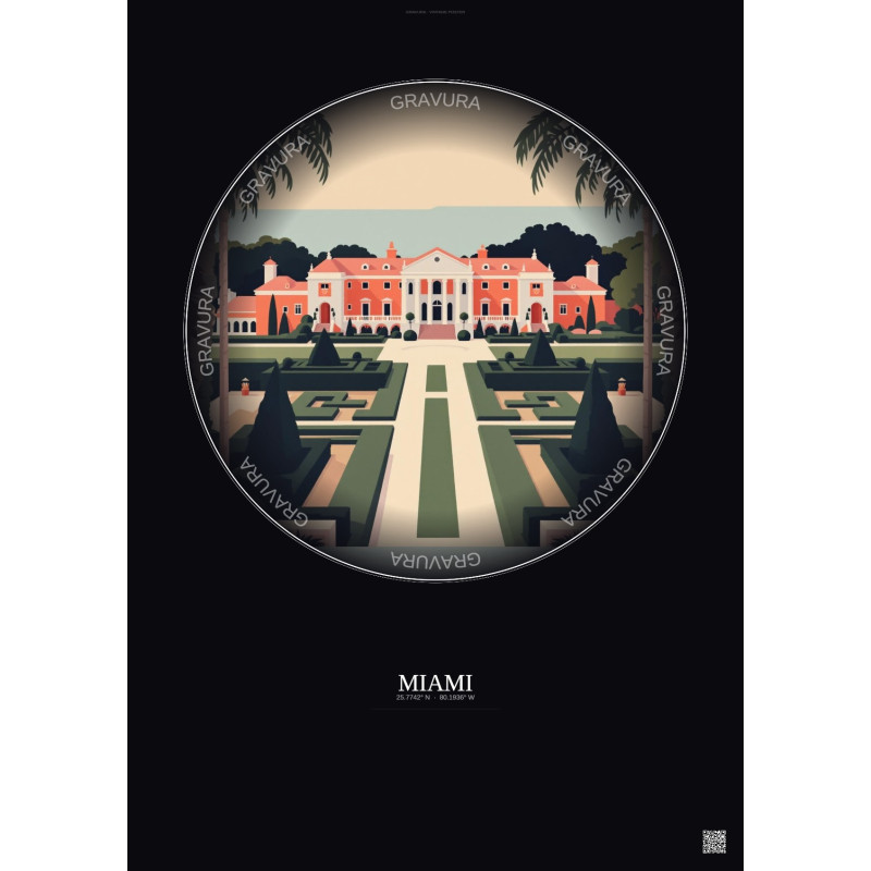 Affiche Miami – Poster illustration vintage – Vizcaya Museum And Gardens | Gravura – Fond foncé