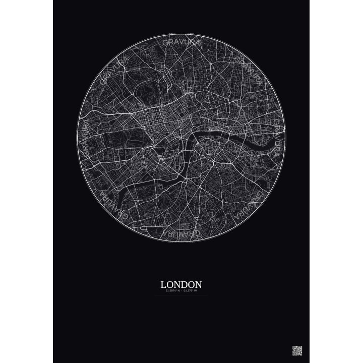 Affiche London – Poster carte de ville 6km | Gravura – Fond foncé