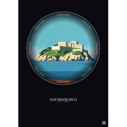 Affiche San Francisco – Poster illustration vintage – Alcatraz Island | Gravura – Fond foncé
