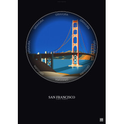 Affiche San Francisco – Poster illustration vintage – Golden Gate Bridge | Gravura – Fond foncé