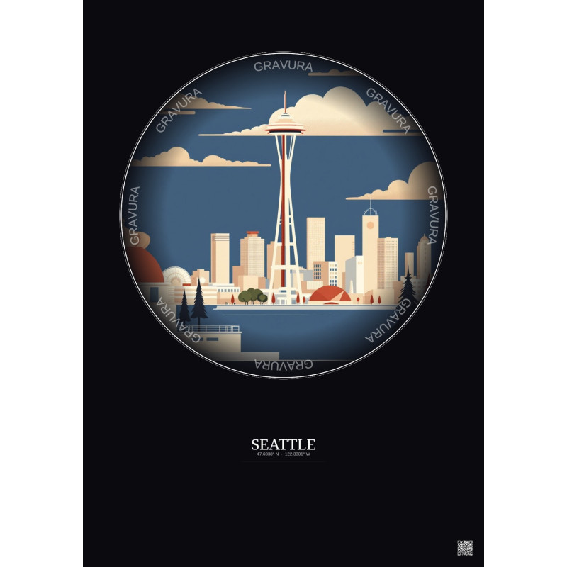 Affiche Seattle – Poster illustration vintage – Seattle | Gravura – Fond foncé