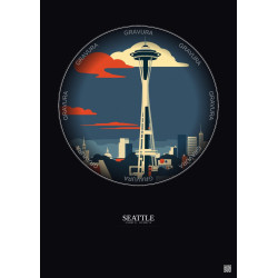 Affiche Seattle – Poster illustration vintage – Space Needle | Gravura – Fond foncé