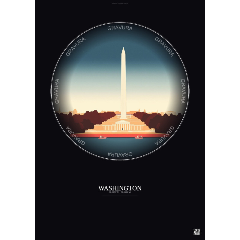 Affiche Washington – Poster illustration vintage – Famous Viewpoint Of Washington | Gravura – Fond foncé