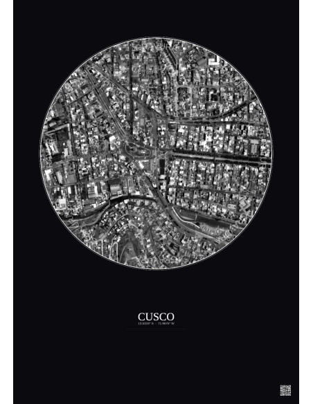 Affiche Cusco – Poster vue satellite 0.5km N&B | Gravura – Fond foncé