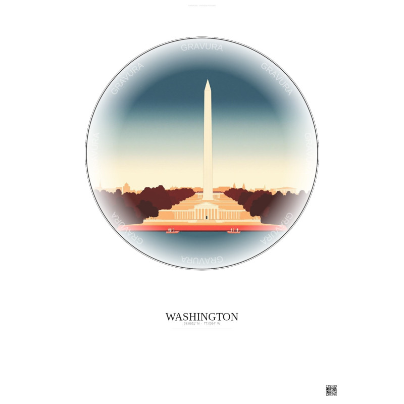 Affiche Washington – Poster illustration vintage – Famous Viewpoint Of Washington | Gravura – Fond clair