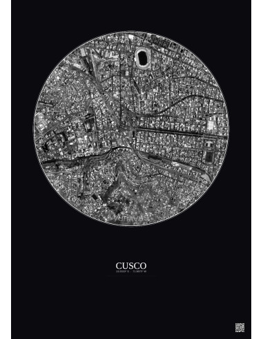 Affiche Cusco – Poster vue satellite 1km N&B | Gravura – Fond foncé