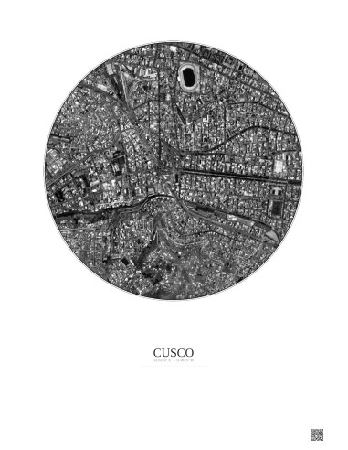 Affiche Cusco – Poster vue satellite 1km N&B | Gravura – Fond clair