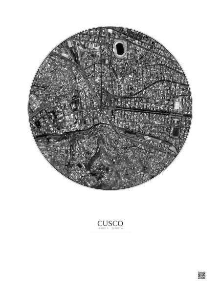 Affiche Cusco – Poster vue satellite 1km N&B | Gravura – Fond clair