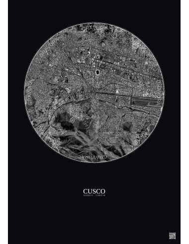 Cusco Satellite View Poster 2.5km B&W | Gravura – Dark background