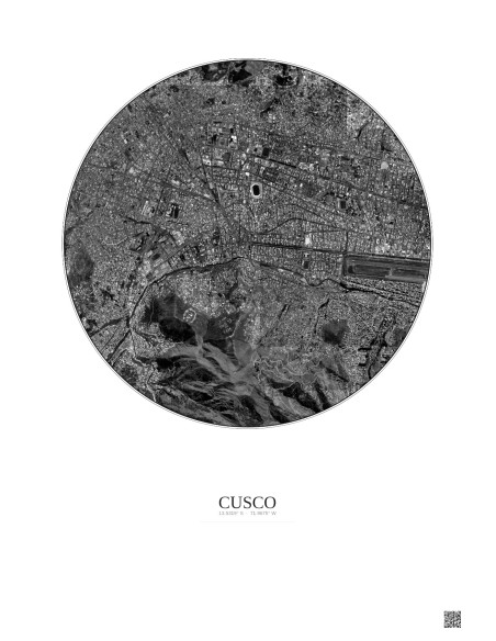 Affiche Cusco – Poster vue satellite 2.5km N&B | Gravura – Fond clair