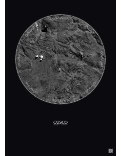 Affiche Cusco – Poster vue satellite 20km N&B | Gravura – Fond foncé