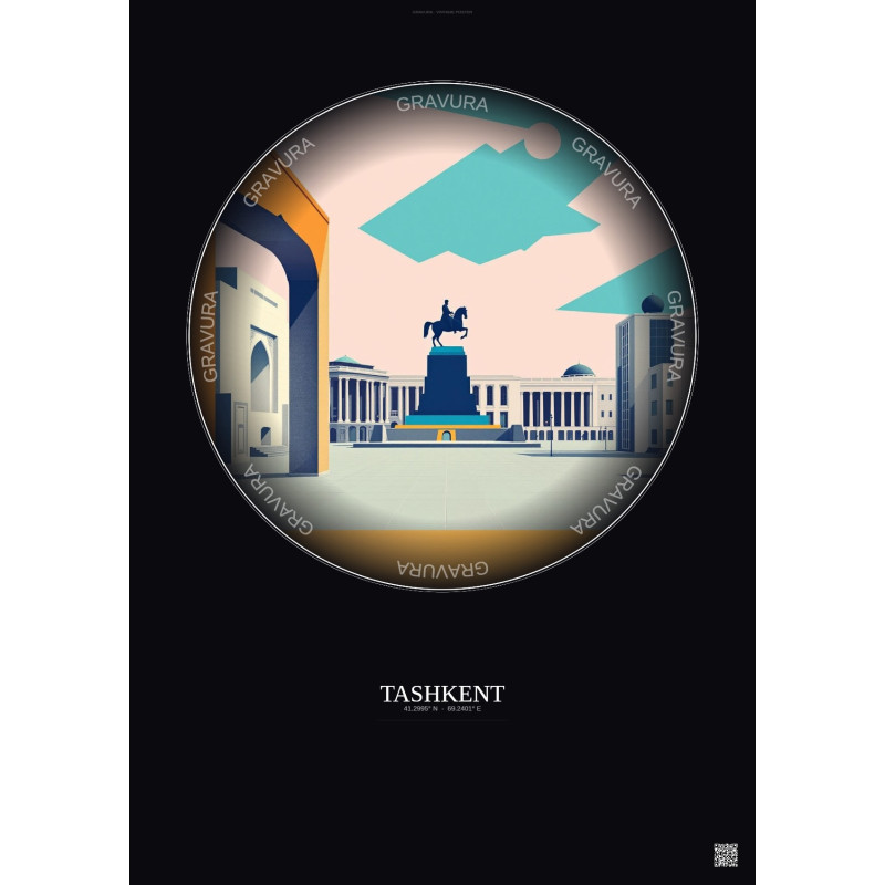 Affiche Tashkent – Poster illustration vintage – Amir Timur Square | Gravura – Fond foncé