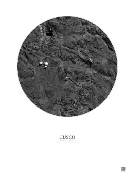 Affiche Cusco – Poster vue satellite 20km N&B | Gravura – Fond clair