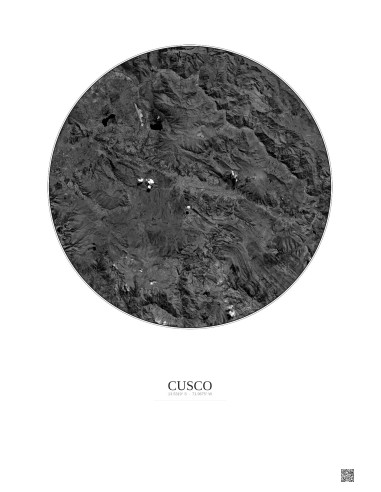Affiche Cusco – Poster vue satellite 30km N&B | Gravura – Fond clair
