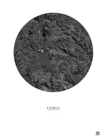 Affiche Cusco – Poster vue satellite 30km N&B | Gravura – Fond clair