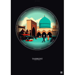 Affiche Tashkent – Poster illustration vintage – Chorsu Bazaar | Gravura – Fond foncé