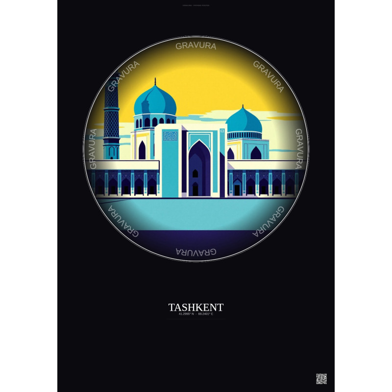 Affiche Tashkent – Poster illustration vintage – Registan Square | Gravura – Fond foncé